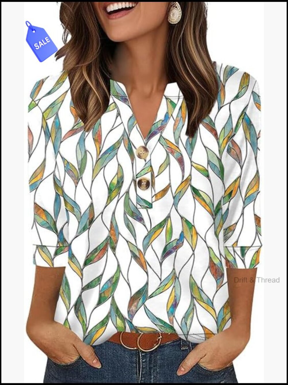 Loose Fit V-Neck Blouse 3/4 Sleeve Polyester Spandex Top